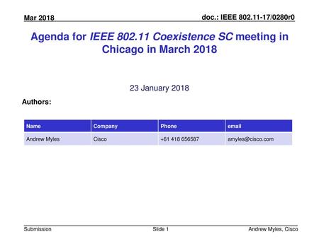 Agenda for IEEE Coexistence SC meeting in Chicago in March 2018