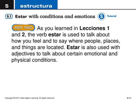 As you learned in Lecciones 1 and 2, the verb estar is used to talk about how you feel and to say where people, places, and things are located. Estar.