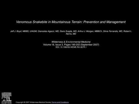 Venomous Snakebite in Mountainous Terrain: Prevention and Management