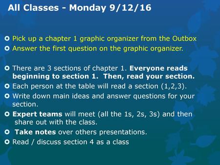 All Classes - Monday 9/12/16 Pick up a chapter 1 graphic organizer from the Outbox Answer the first question on the graphic organizer. There are 3 sections.