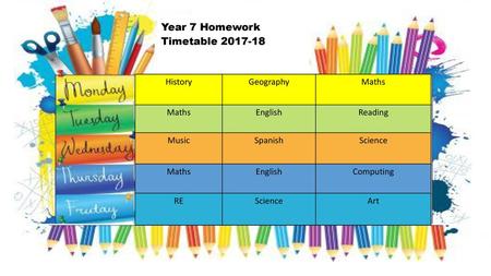 Year 7 Homework Timetable History Geography Maths English