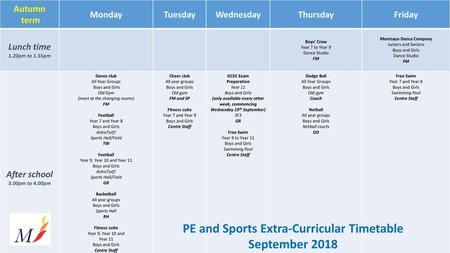 PE and Sports Extra-Curricular Timetable September 2018