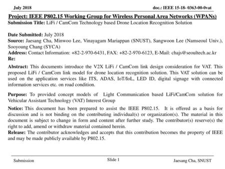 March 2017 Project: IEEE P802.15 Working Group for Wireless Personal Area Networks (WPANs) Submission Title: LiFi / CamCom Technology based Drone Location.