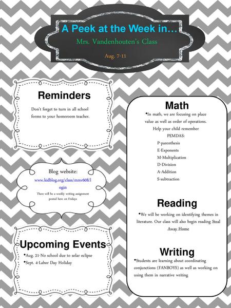 A Peek at the Week in… Reminders Math Reading Upcoming Events Writing