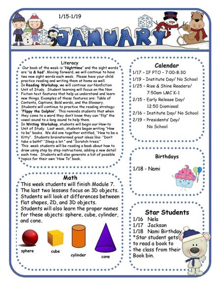 Star Students Calendar Math 1/15-1/19 Birthdays 1/18 - Nami