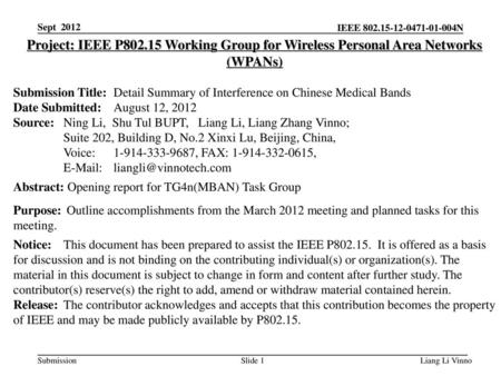 Sept 2012 Project: IEEE P802.15 Working Group for Wireless Personal Area Networks (WPANs) Submission Title:	Detail Summary of Interference on Chinese.