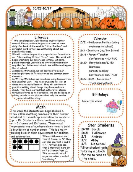 Math Star Students Literacy Birthdays 10/23-10/27 Calendar 10/30 Jacob