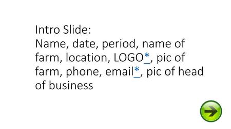 Intro Slide: Name, date, period, name of farm, location, LOGO
