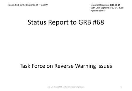 Status Report to GRB #68 Task Force on Reverse Warning issues