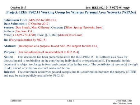 October 2017 Project: IEEE P802.15 Working Group for Wireless Personal Area Networks (WPANs) Submission Title: [AES-256 for 802.15.4] Date Submitted: [17.