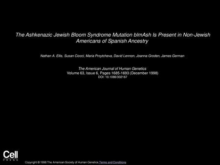 The Ashkenazic Jewish Bloom Syndrome Mutation blmAsh Is Present in Non-Jewish Americans of Spanish Ancestry  Nathan A. Ellis, Susan Ciocci, Maria Proytcheva,