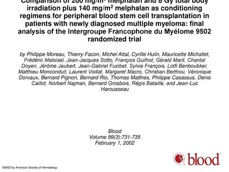 Comparison of 200 mg/m2 melphalan and 8 Gy total body irradiation plus 140 mg/m2 melphalan as conditioning regimens for peripheral blood stem cell transplantation.