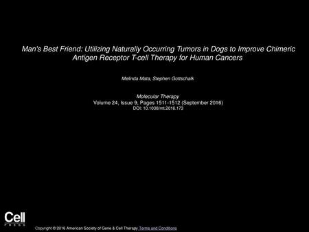 Man's Best Friend: Utilizing Naturally Occurring Tumors in Dogs to Improve Chimeric Antigen Receptor T-cell Therapy for Human Cancers  Melinda Mata, Stephen.