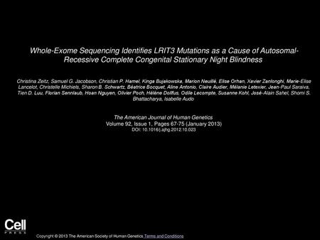 Whole-Exome Sequencing Identifies LRIT3 Mutations as a Cause of Autosomal- Recessive Complete Congenital Stationary Night Blindness  Christina Zeitz, Samuel G.