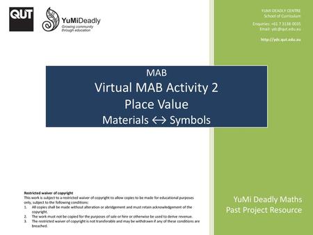 Virtual MAB Activity 2 Place Value Materials ↔ Symbols