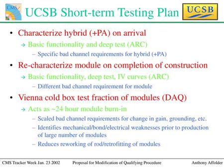 UCSB Short-term Testing Plan