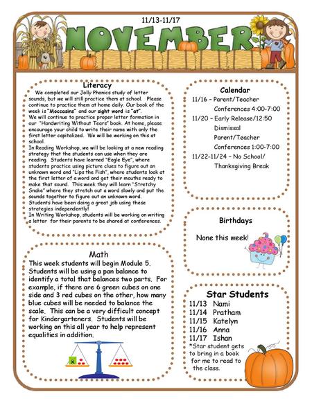 Star Students Math 11/13-11/17 Literacy Calendar Birthdays