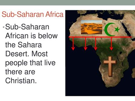 Sub-Saharan Africa Sub-Saharan African is below the Sahara Desert. Most people that live there are Christian.
