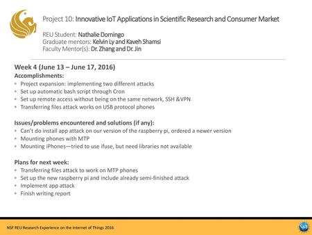 Project 10: Innovative IoT Applications in Scientific Research and Consumer Market REU Student: Nathalie Domingo Graduate mentors: Kelvin Ly and Kaveh.