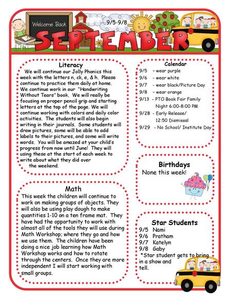 Birthdays Math Star Students Literacy 9/5-9/8 Calendar None this week!
