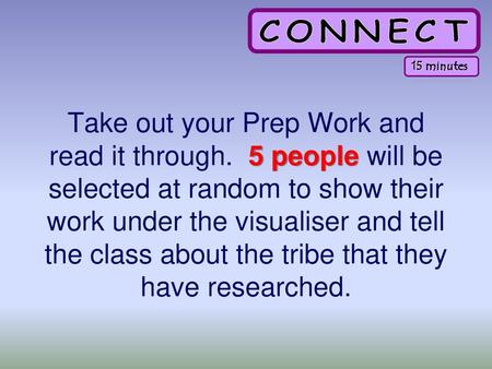 15 minutes Take out your Prep Work and read it through. 5 people will be selected at random to show their work under the visualiser and tell the class.