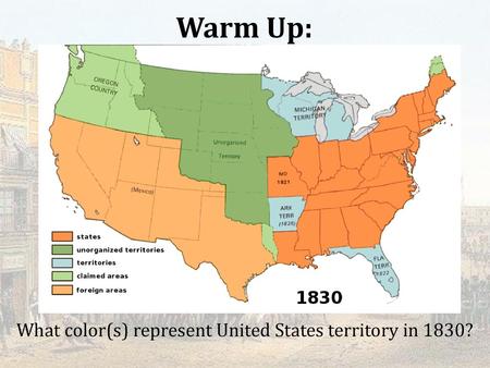 What color(s) represent United States territory in 1830?