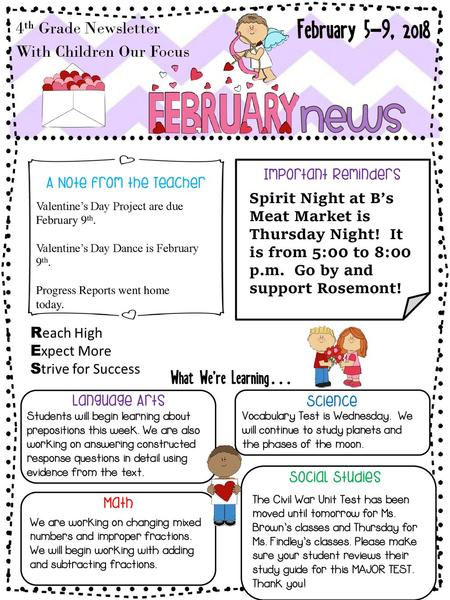 February 5-9, 2018 NEWS What We’re Learning… 4th Grade Newsletter