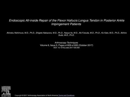 Endoscopic All-inside Repair of the Flexor Hallucis Longus Tendon in Posterior Ankle Impingement Patients  Akinobu Nishimura, M.D., Ph.D., Shigeto Nakazora,