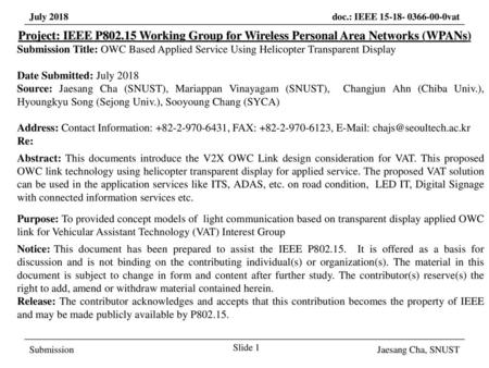 March 2017 Project: IEEE P802.15 Working Group for Wireless Personal Area Networks (WPANs) Submission Title: OWC Based Applied Service Using Helicopter.