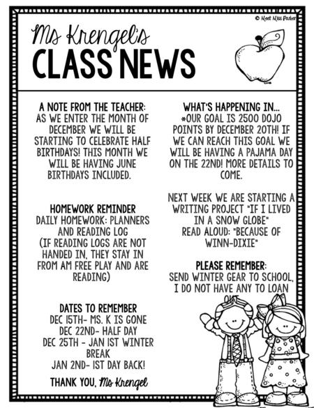 class news Ms Krengel’s A Note from the Teacher:
