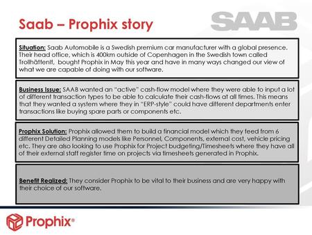 Saab – Prophix story Situation: Saab Automobile is a Swedish premium car manufacturer with a global presence. Their head office, which is 400km outside.