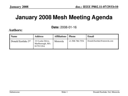January 2008 Mesh Meeting Agenda