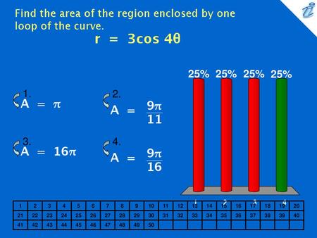 Find the area of the region enclosed by one loop of the curve. {image}