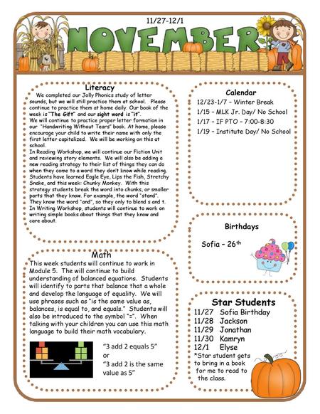 Star Students Math 11/27-12/1 Literacy Calendar Birthdays Sofia – 26th