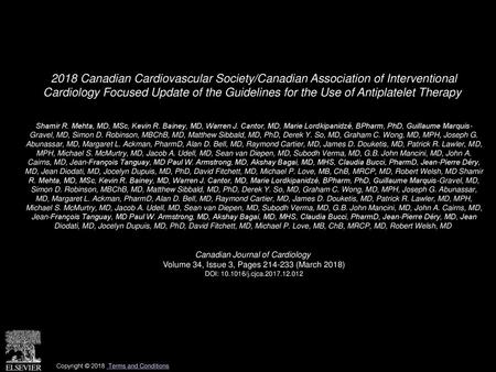 2018 Canadian Cardiovascular Society/Canadian Association of Interventional Cardiology Focused Update of the Guidelines for the Use of Antiplatelet Therapy 