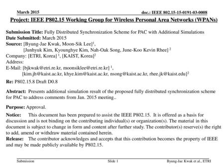 March 2015 Project: IEEE P802.15 Working Group for Wireless Personal Area Networks (WPANs) Submission Title: Fully Distributed Synchronization Scheme for.