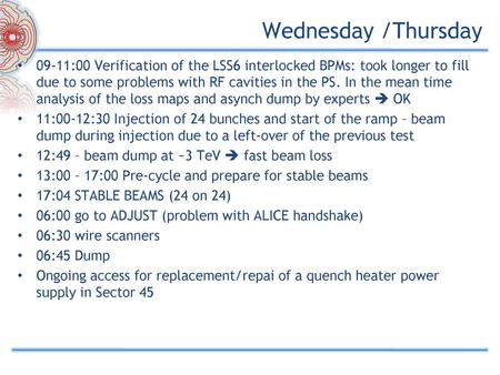 Wednesday /Thursday 09-11:00 Verification of the LSS6 interlocked BPMs: took longer to fill due to some problems with RF cavities in the PS. In the mean.