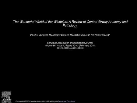The Wonderful World of the Windpipe: A Review of Central Airway Anatomy and Pathology  David A. Lawrence, MD, Brittany Branson, MD, Isabel Oliva, MD,