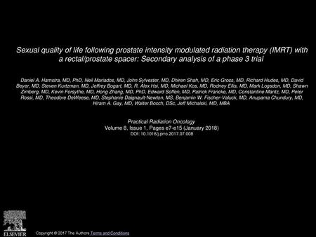 Sexual quality of life following prostate intensity modulated radiation therapy (IMRT) with a rectal/prostate spacer: Secondary analysis of a phase 3.