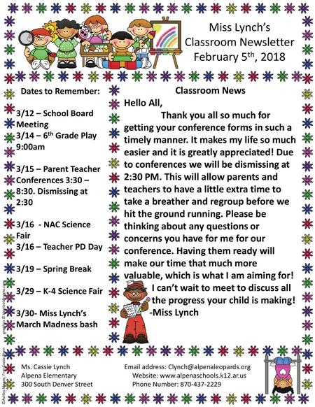 Miss Lynch’s Classroom Newsletter February 5th, 2018 Classroom News