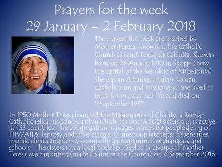 Prayers for the week 29 January – 2 February 2018