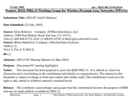 23 July, 2003 Project: IEEE P802.15 Working Group for Wireless Personal Area Networks (WPANs) Submission Title: [WG-PC July03 Minutes] Date Submitted: