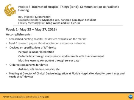 Project 8: Internet of Hospital Things (IoHT): Communication to Facilitate Healing REU Student: Kiran Pandit Graduate mentors: Myungho Lee, Kangsoo Kim,