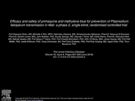 Efficacy and safety of primaquine and methylene blue for prevention of Plasmodium falciparum transmission in Mali: a phase 2, single-blind, randomised.