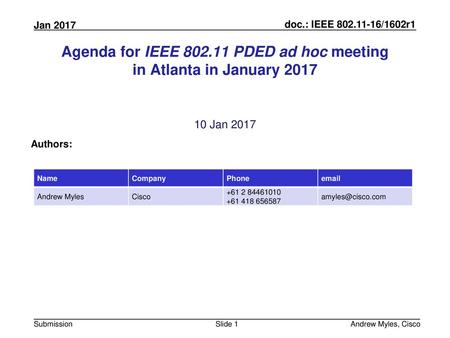Agenda for IEEE PDED ad hoc meeting in Atlanta in January 2017