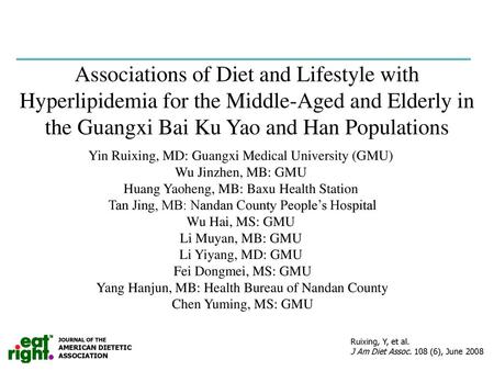 Associations of Diet and Lifestyle with Hyperlipidemia for the Middle-Aged and Elderly in the Guangxi Bai Ku Yao and Han Populations Yin Ruixing, MD: Guangxi.