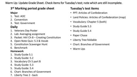 3rd Marking period grade sheet Tuesday’s test items