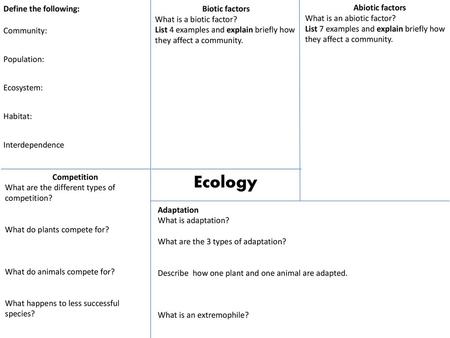 Ecology Define the following: Community: Population: Ecosystem: