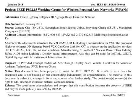 March 2017 Project: IEEE P802.15 Working Group for Wireless Personal Area Networks (WPANs) Submission Title: Highway Tollgates 3D Signage Based CamCom.