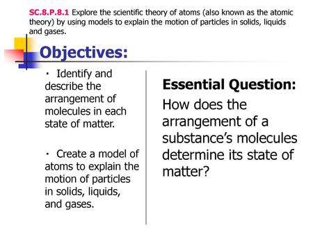 SC.8.P.8.1 Explore the scientific theory of atoms (also known as the atomic theory) by using models to explain the motion of particles in solids, liquids.